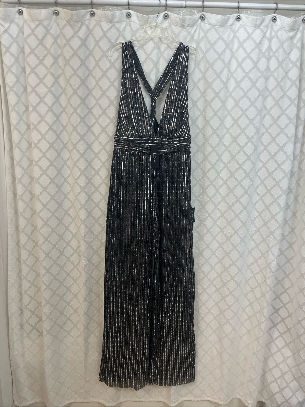 Lulu's Black Metallic-Striped Plunge Jumpsuit